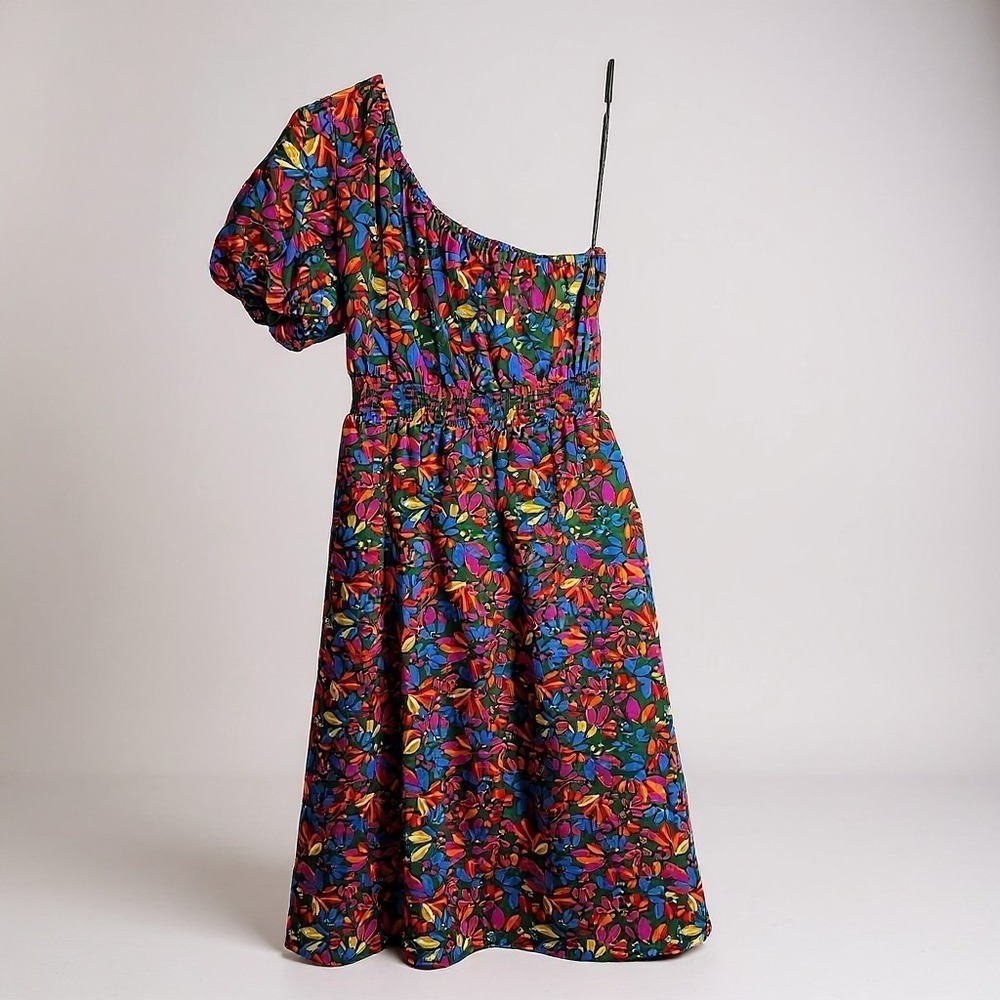 Floral One Shoulder Midi Dress Puff Sleeve Summer Resort XS - Picture 2 of 10